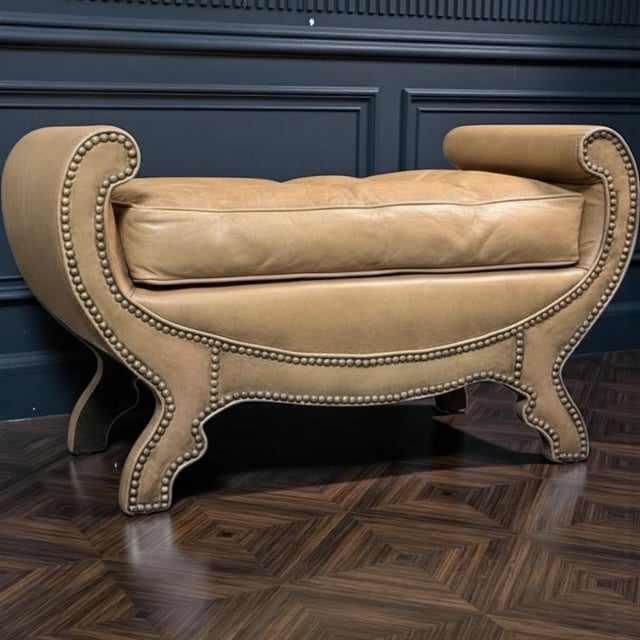 2000 - 2009 Neoclassical Saddle Color Leather and Brass Bench or Ottoman by Century For Sale - Image 5 of 5