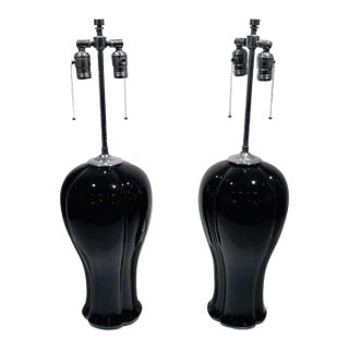 A Pair of Black Ceramic & Nickel Table Lamps For Sale