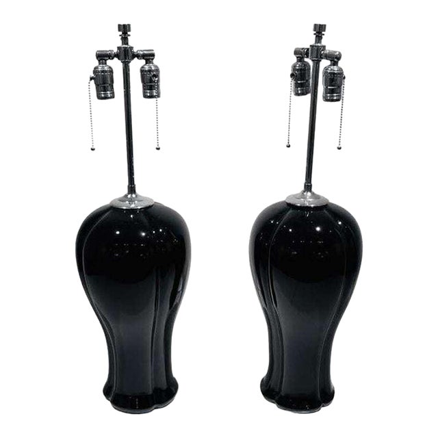 A Pair of Black Ceramic & Nickel Table Lamps For Sale