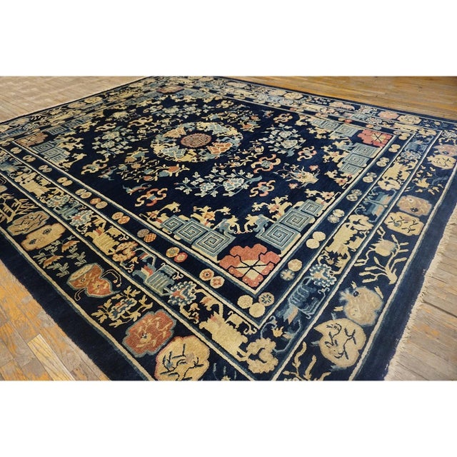 Chinese 1890s Navy Blue Medallion Qing Antique Chinese Peking Room Size Wool Pile Rug For Sale - Image 3 of 10