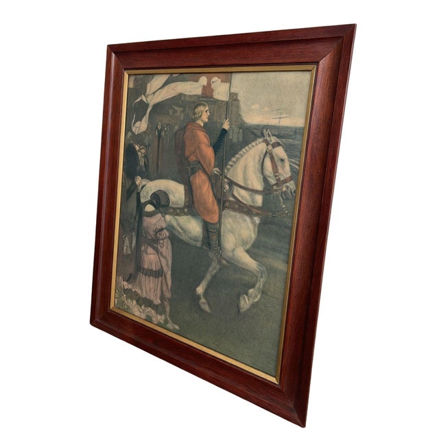 Framed reproduction print of "Sir Galahad Passes from the Land" by American painter Edwin Austin Abbey. The painting is...