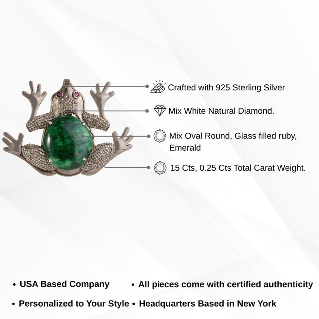 Antique Style Oxidized Silver & 15.25 Ct Natural Emerald Diamond Frog Brooch Pendant For Sale - Image 11 of 14