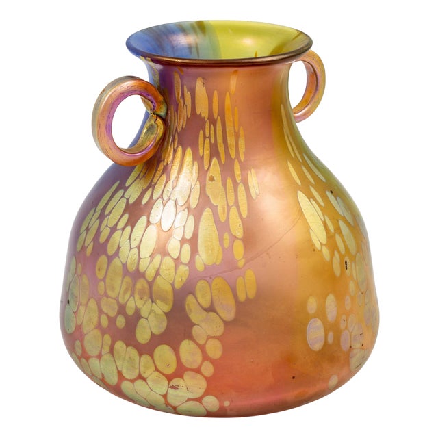 Art Nouveau Austrian Glass Vase with Tricolore Decoration Blue Green Red Yellow from Johann Loetz Witwe, 1900s For Sale