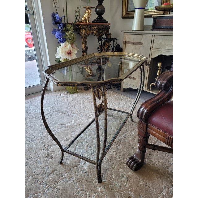 1980s 1980s Hollywood Regency Brass, Glass and Wrought Iron Butler Tray Table For Sale - Image 5 of 9