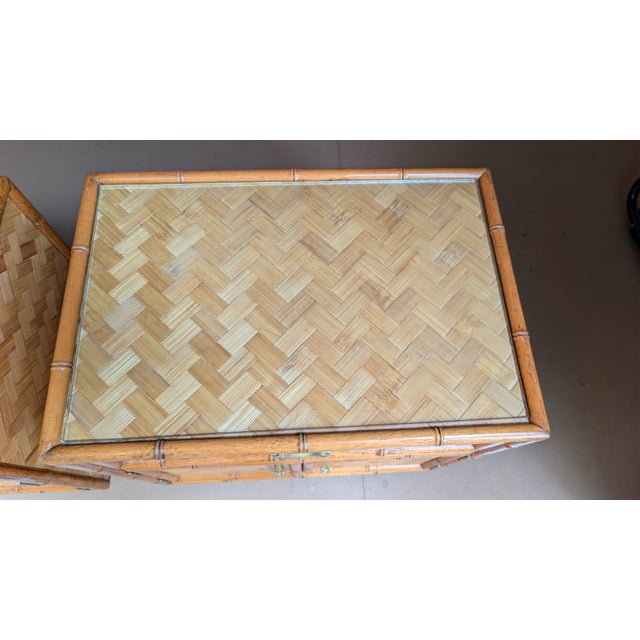 Vintage Faux Bamboo Pair of 2 Nightstands With Herringbone Parquet Rattan Fronts, in the Style of Dixie For Sale - Image 11 of 13
