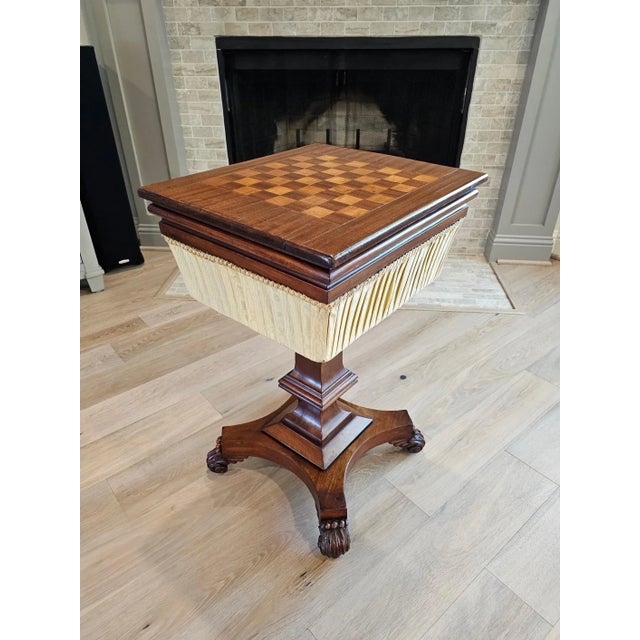 English Antique English William IV Period Mahogany Inlaid Chessboard Top Sewing Stand For Sale - Image 3 of 13