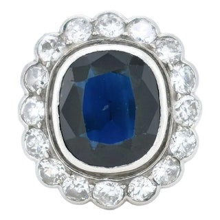 Art Deco French 1930 Pompadour Ring, Platinum, Natural Sapphire 2,50 Ct and Diamonds, Size 7 For Sale