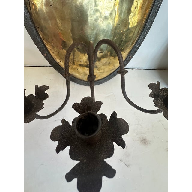 Metal Antique Hammered Brass & Iron Candle Sconces -a Pair For Sale - Image 7 of 8