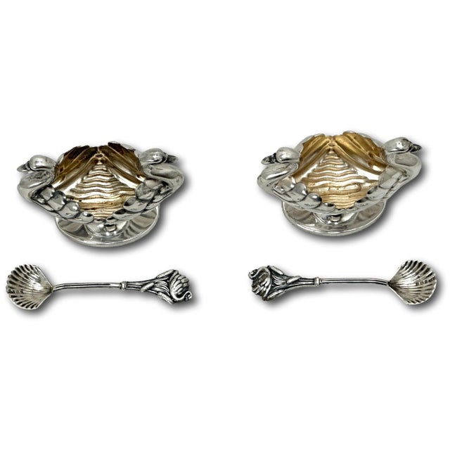 Metal Antique Circa 1909 Birmingham England Sterling Silver Swans Motif Open Salt Cellars & Matching Spoons Set For Sale - Image 7 of 12