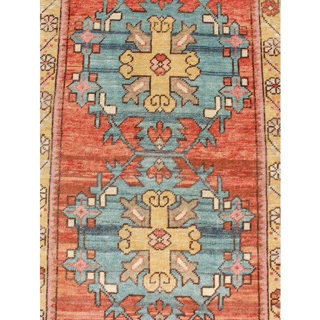 Colorful Antique Oushak Runner With Medallion Design in Terracotta, Yellow & Teal Blue For Sale In Atlanta - Image 6 of 9