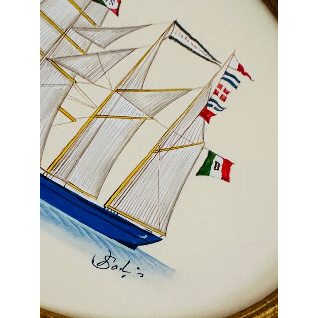 Nautical Original Hand-Painted Sailboat Painting in a Vintage Italian Frame For Sale - Image 3 of 4