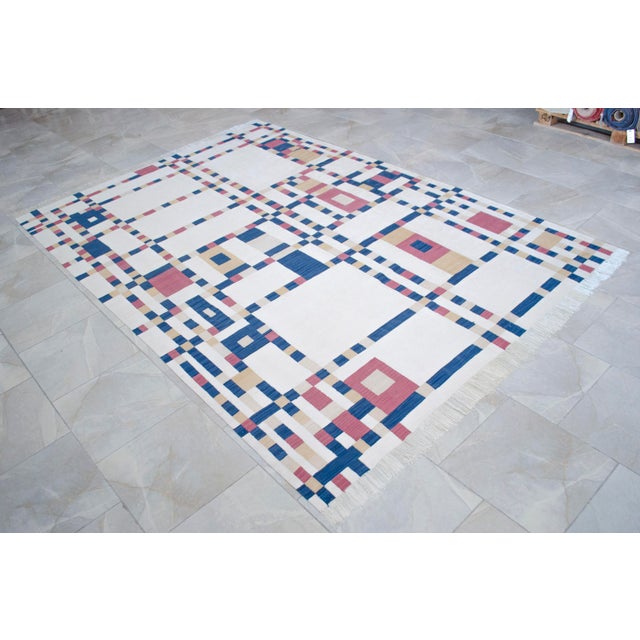 Piet Mondrian - Broadway Boogie Woogie Inspired Silk Hand Woven Area Kilim Wall Rug 6′5″ × 9′2″ For Sale - Image 15 of 17