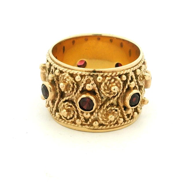 Etruscan Revival Vintage 1970s Etruscan Revival 14k Gold Ruby Wide Band Ring, Size 7.5 For Sale - Image 3 of 10