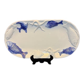 Vintage Mid-Century Modern Bassano Italy Majolica Ceramic Oval Fish Platter For Sale