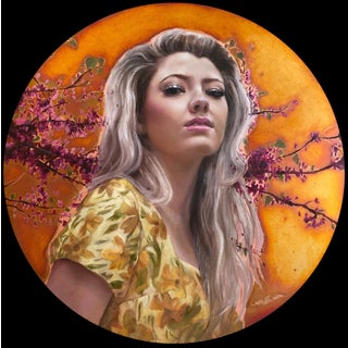 Leah by Sara Scribner | Oil on copper Portrait of a woman with long hair and flowers in the background For Sale