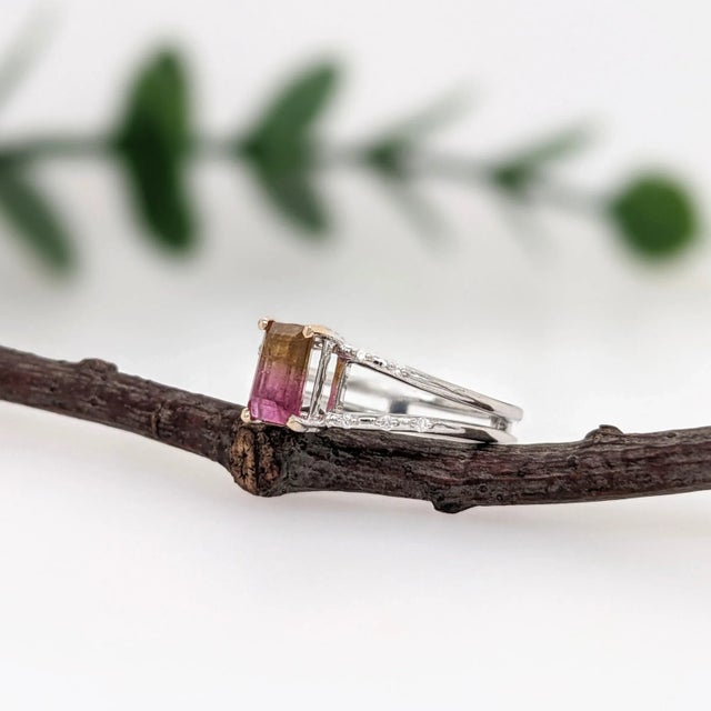 Bi-color Tourmaline Ring with Earth Mined Diamonds in Solid 14K White Gold EM 7x5mm For Sale In Columbus - Image 6 of 8