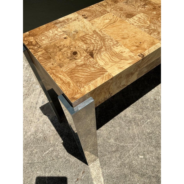 Vintage Laminate Burl Wood and Chrome Console Table For Sale - Image 10 of 18