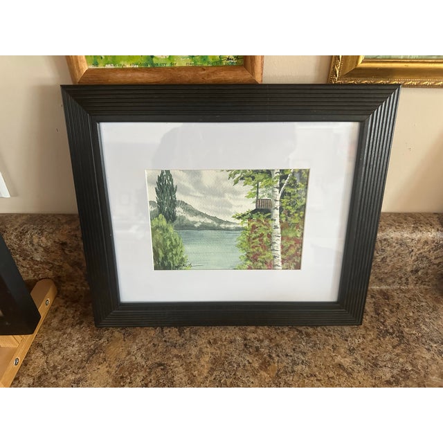 Contemporary “Swiss Lakeside Lookout” Framed Original Watercolor Landscape For Sale - Image 3 of 4