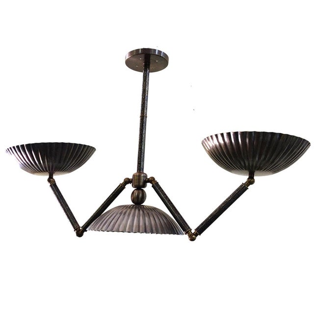 Bronze 3 Light Chandelier, Handmade Antique Ceiling Light Fluted Brass Pendant Fixture, Art Deco Dining Room Kitchen Island Lighting For Sale - Image 6 of 11