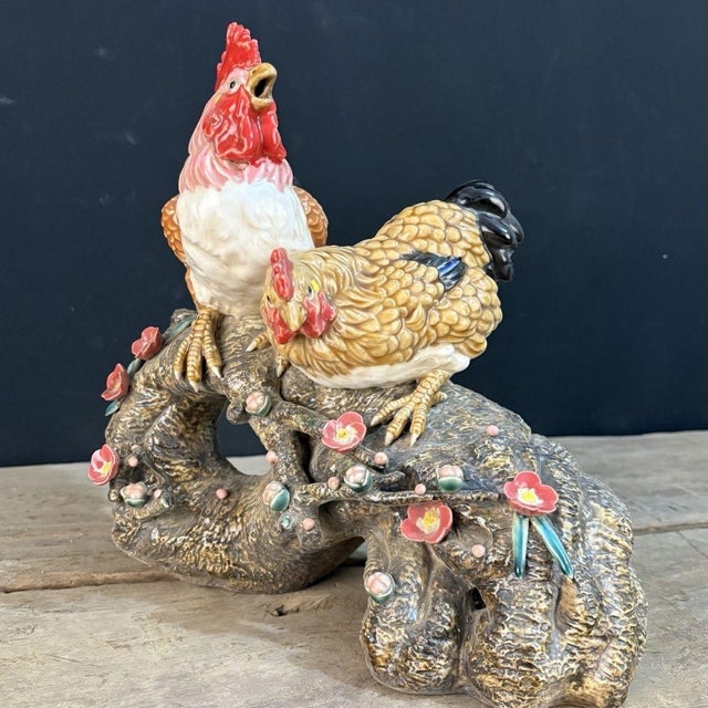 Vintage Shiwan Pottery Rooster & Hen on Plum Branch - 12.5" Tall For Sale - Image 4 of 9