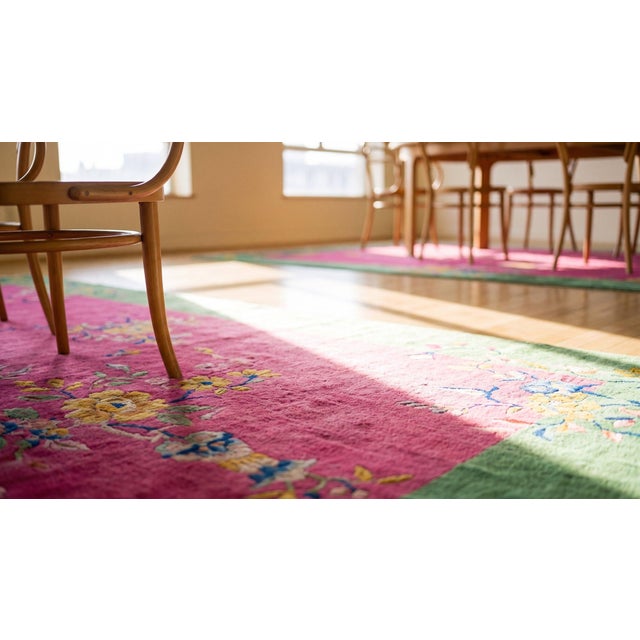 1920s Pink Cerise Floral Vase Antique Chinese Art Deco Carpet 9' X 11' 6'' Knotted Wool Rug For Sale - Image 13 of 15