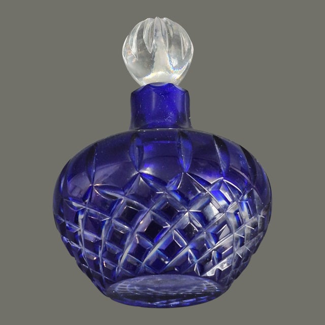 Traditional Vintage Bohemian Cobalt Blue Cut Crystal Perfume Bottle For Sale - Image 3 of 7
