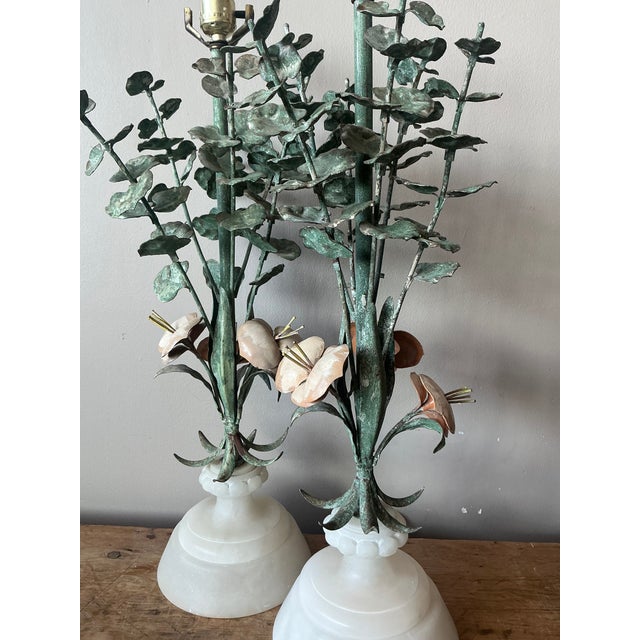 Vintage Boho Alabaster and Patinated Eucalyptus Lamps - A Pair For Sale - Image 9 of 9