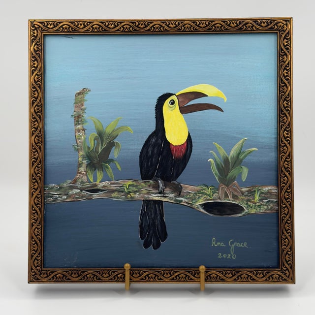 Coastal Tropical Toucan Original Painting on Canvas Bird Black Gold Ornate Frame For Sale - Image 3 of 9