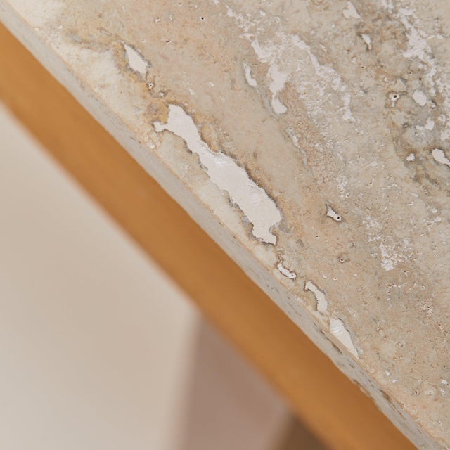 Brown Italian Travertine + Slatted Wood Console Table with Brass Stretcher, 1970s For Sale - Image 8 of 11