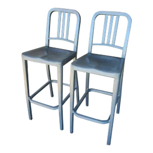 1980s Bar Stools Tall Brushed Aluminum Indoor Outdoor Emeco Barstools, Labeled - Set of 2