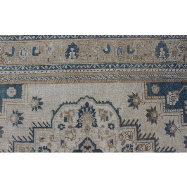 Vintage Turkish Oushak Rug With Geometric Design in Blue, Taupe and Sand For Sale - Image 9 of 13