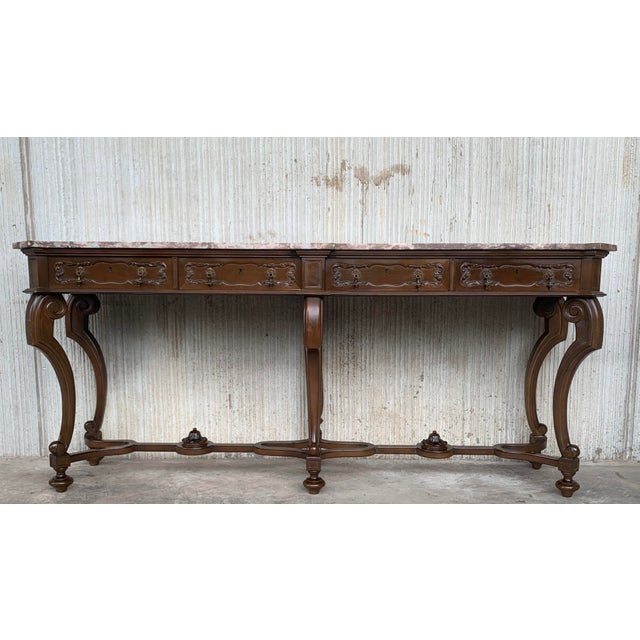 20th century large console table with four drawers walnut inlays and marble top. Dimensions Height: 35.04 in. (89 cm)...