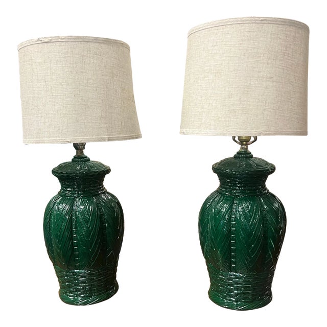 Vintage Green Basket Weave Ceramic Table Lamps - A Pair. For Sale