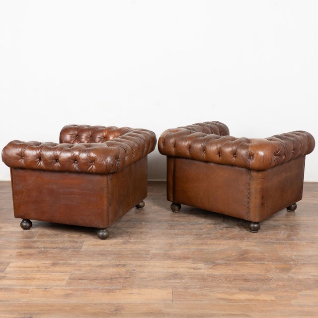 Set of Three Vintage Brown Leather Chesterfield Seating Group With Sofa and Pair of Club Chairs For Sale - Image 18 of 18