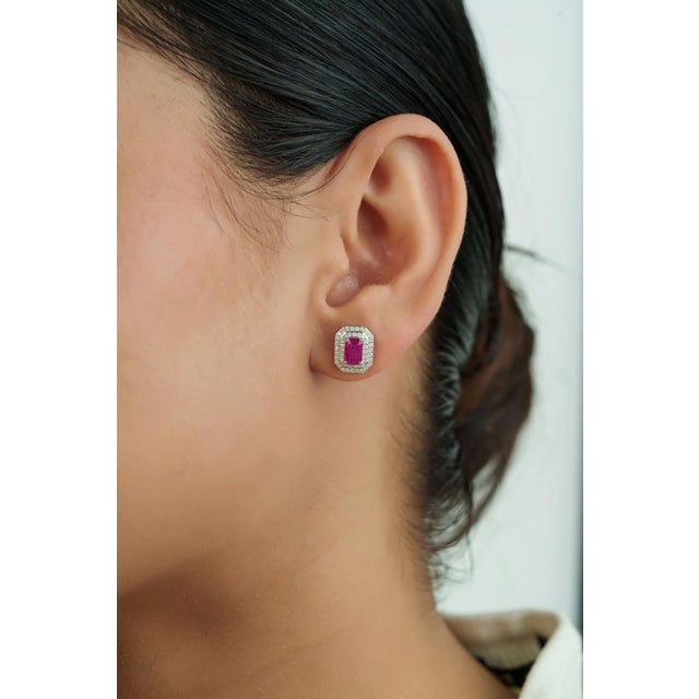Contemporary 1.64ct Ruby & Double Halo Diamond Earrings in 14k Gold- 2 Pieces For Sale - Image 11 of 17