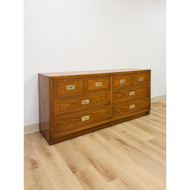 Mid 20th Century Vintage MCM Dixie Act 2 Campaign Style Dresser Brass Pulls Warm Wood Tone Lowboy For Sale - Image 5 of 14