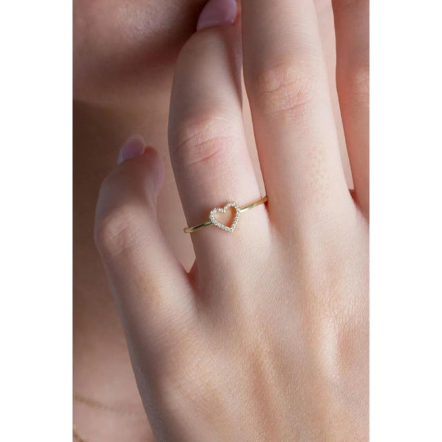 Gold Diamond Heart 14k Solid Gold Heart Stacking Ring Size 7 For Sale - Image 8 of 8