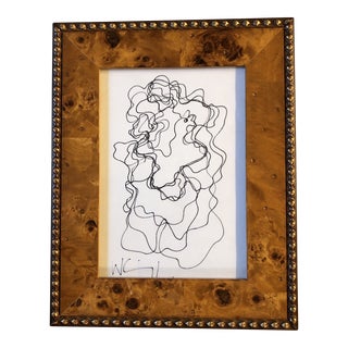 1980’s Vintage Wayne Cunningham Abstract Ink Drawing Burled Wood Frame Signed For Sale