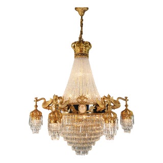 21st Century Baroque Brass Empire Chandelier Rock Crystal Lustre Lamp Antique Gold Swan For Sale