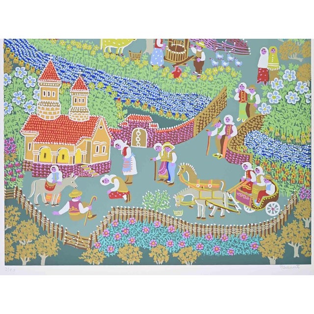 Color screenprint, presenting a richly detailed panoramic view of rural life unfolding around a village church, winding...