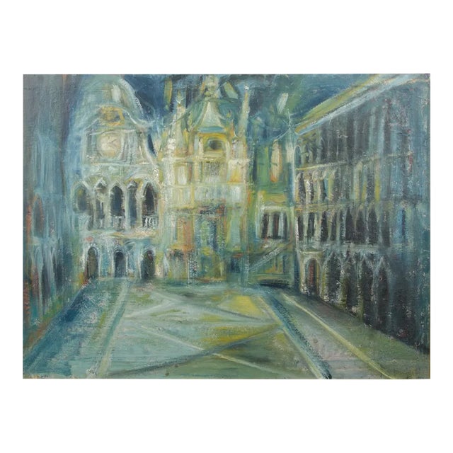 A Large Oil on Masonite Painting Depicting a City View Painting Featuring a Clock Tower. Unsigned. For Sale