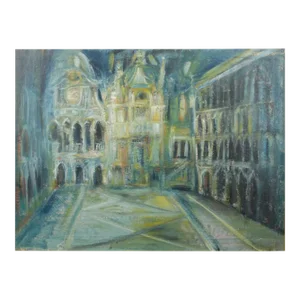 A Large Oil on Masonite Painting Depicting a City View Painting Featuring a Clock Tower. Unsigned.