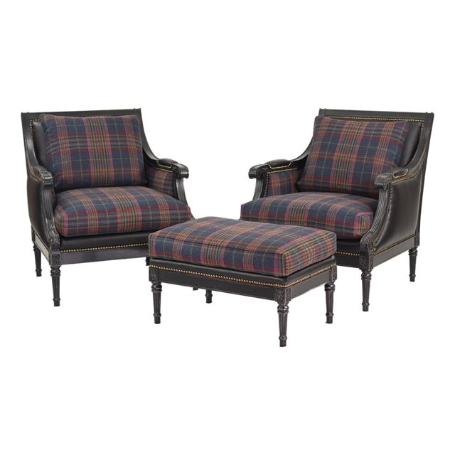 Ralph Lauren Plaid Armchairs & Ottoman For Sale