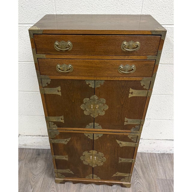 Vintage Japanese Tansu Style Oak and Engraved Brass Cabinet For Sale - Image 4 of 10