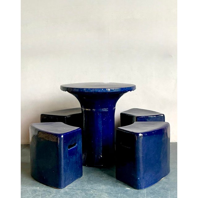 Navy Blue Vintage Italian Glazed Ceramic Table and Stools - Set of 5 For Sale - Image 8 of 10
