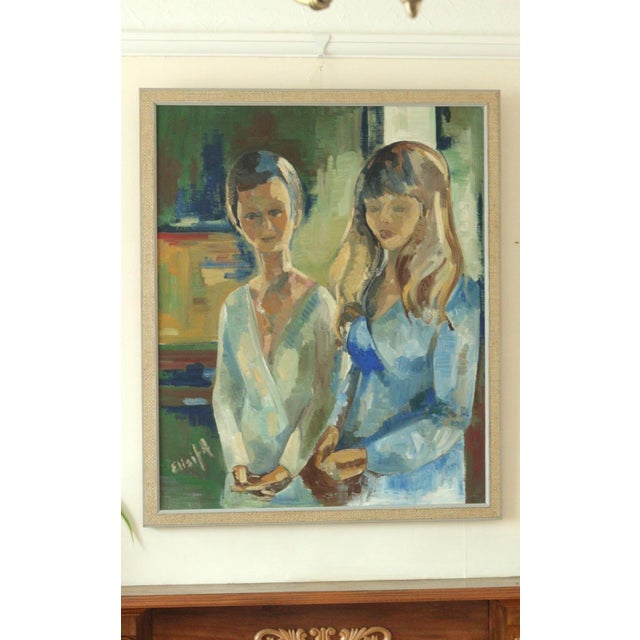Elisita, Sisters, 1970s, Oil Painting, Framed For Sale - Image 9 of 11