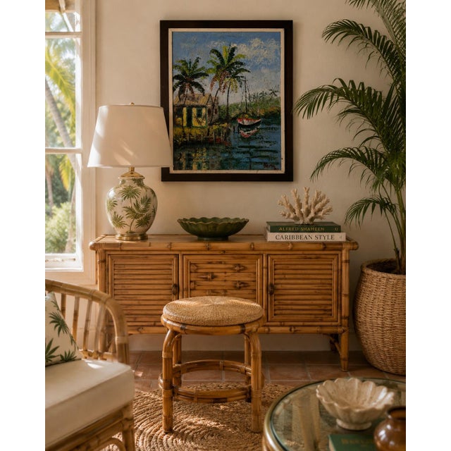 Charming vintage Caribbean tropical landscape oil on canvas Painting depicting a colorful coastal village scene with palm...