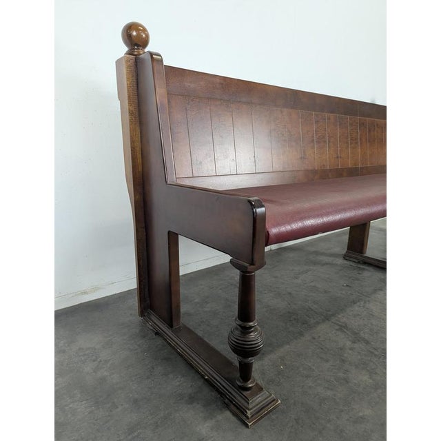Art Deco Brasserie Bench in Oak and Burl Wood with Burgundy Imitation Leather Seat, 1930s For Sale - Image 9 of 13