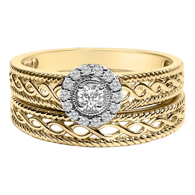 14K Yellow Gold Plated .925 Sterling Silver 1/5 Cttw Diamond Halo Engagement Ring and Wedding Band Set (I-J Color, I3 Clarity) - Size 7 For Sale