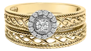 14K Yellow Gold Plated .925 Sterling Silver 1/5 Cttw Diamond Halo Engagement Ring and Wedding Band Set (I-J Color, I3 Clarity) - Size 7